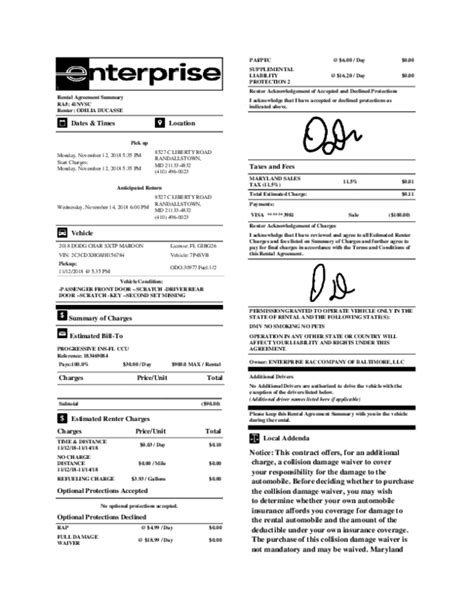Enterprise rental agreement - If the renter accepts DW, Enterprise waives or reduces the renters responsibility for loss of, or damage to, the rental vehicle (including but not limited to towing, storage, impound and administrative fees subject to the terms and conditions of the rental agreement and applicable laws. DW is not insurance.